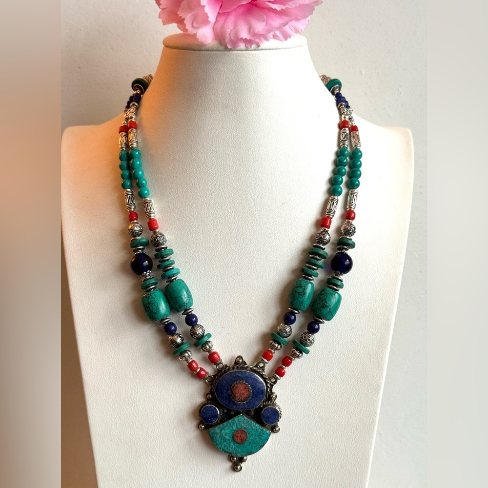 Stunning 2 strand boho style tribal theme handmade Tibetan silver necklace 18”in